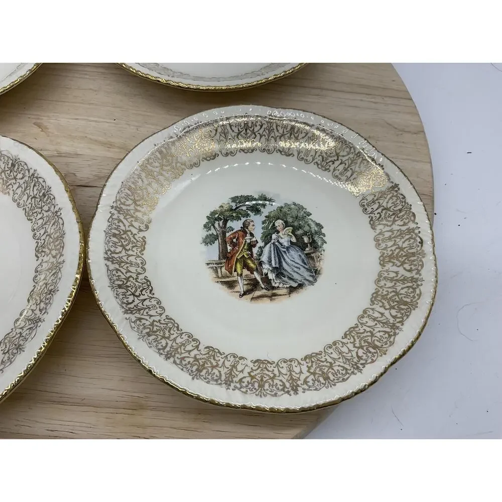 Homer‎ Laughlin Dessert Bowls Set 4 White Gold Courting Couple USA Scene Vintage